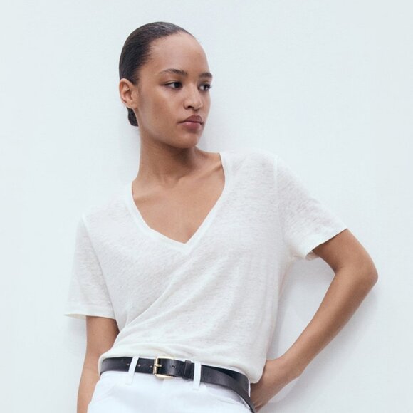 Mango White Linen V-neck Short Sleeve Tee Size XS NWT - Picture 1 of 5